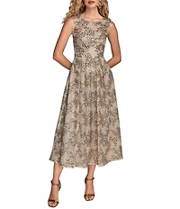 Donna Karan Floral Sequin Embroidery Crew Neckline Sleeveless Pleated A-Line Midi Dress