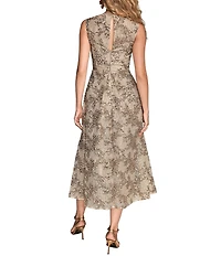 Donna Karan Floral Sequin Embroidery Crew Neckline Sleeveless Pleated A-Line Midi Dress