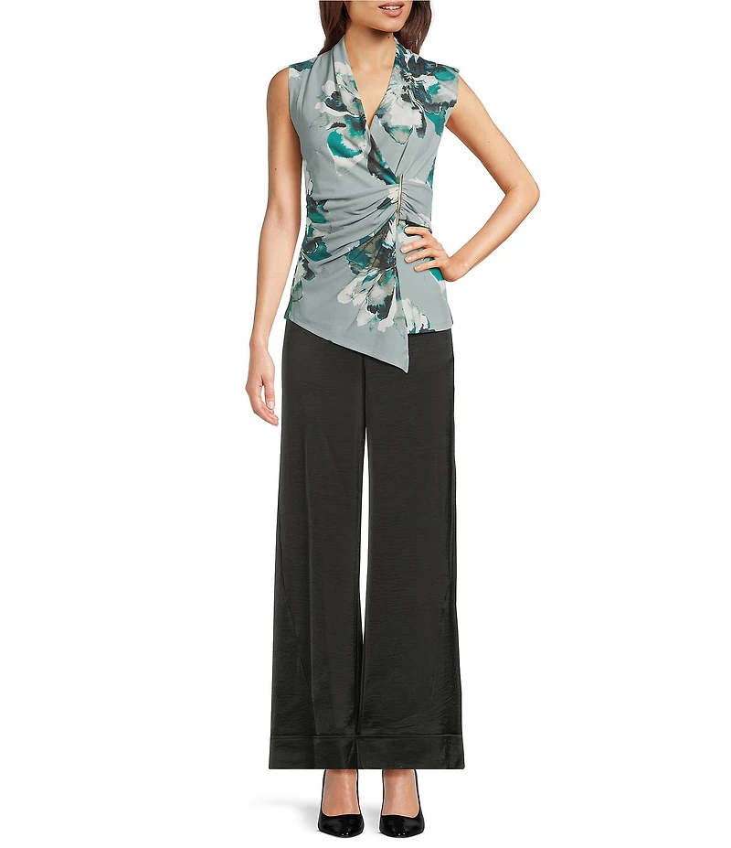 Donna Karan Floral Sleeveless Novelty Bar Faux Wrap Top