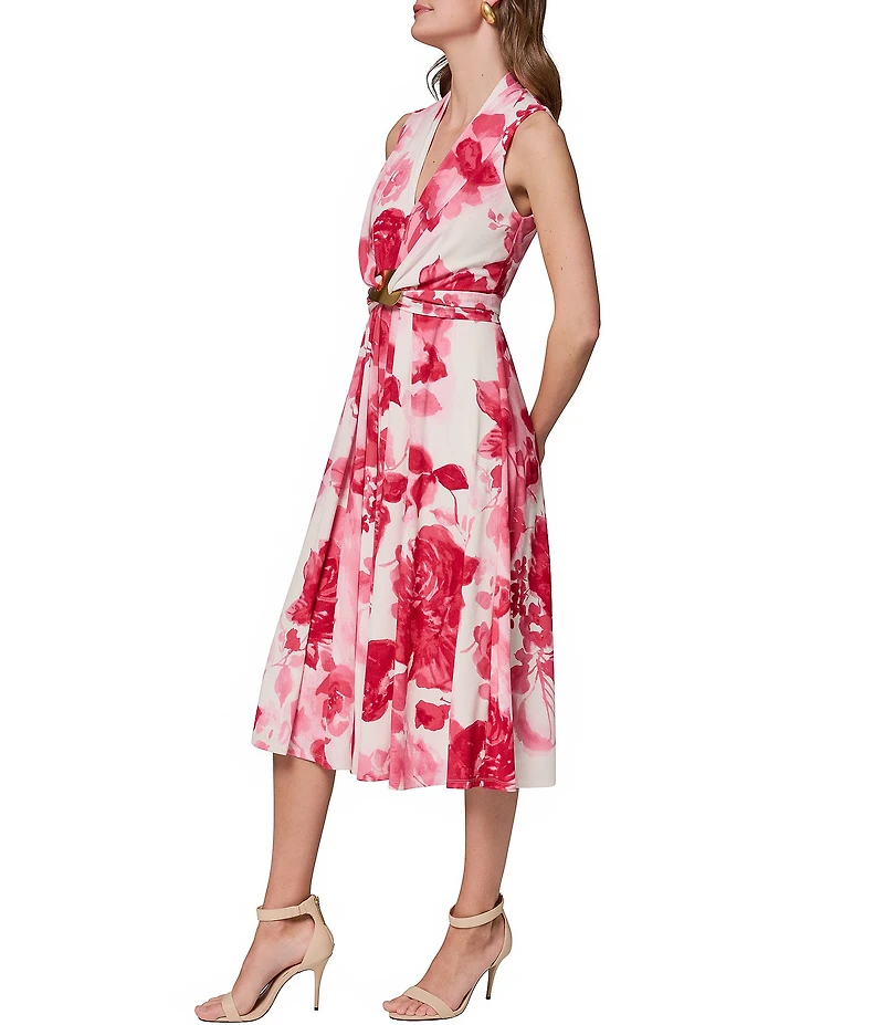 Donna Karan Floral V-Neck Sleeveless A-Line Midi Dress
