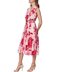Donna Karan Floral V-Neck Sleeveless A-Line Midi Dress