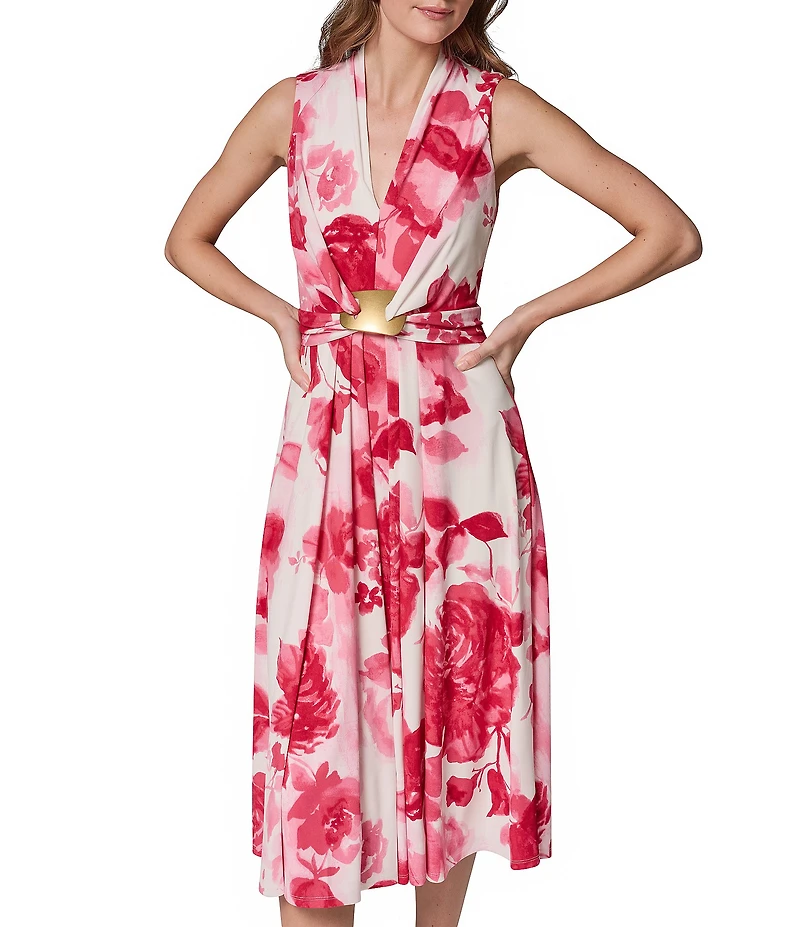 Donna Karan Floral V-Neck Sleeveless A-Line Midi Dress