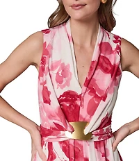 Donna Karan Floral V-Neck Sleeveless A-Line Midi Dress
