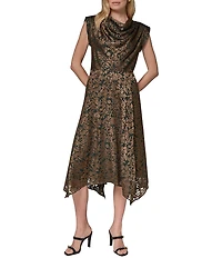 Donna Karan Floral Vine Burnout Print Cowl Neck Cap Sleeve Handkerchief A-Line Dress