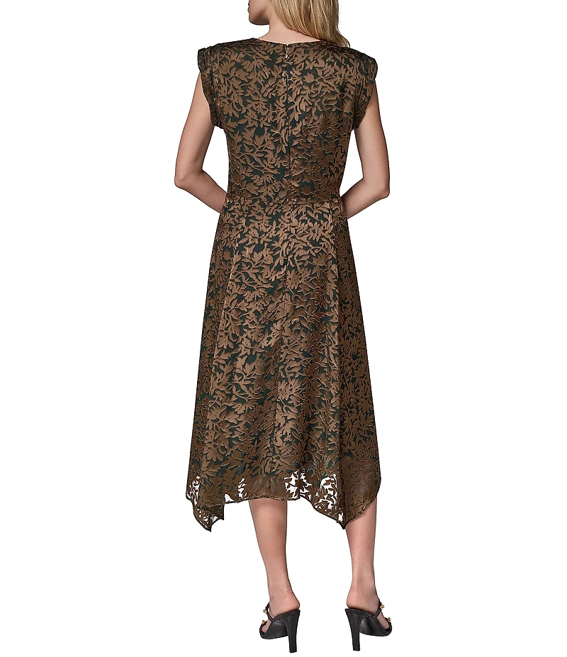 Donna Karan Floral Vine Burnout Print Cowl Neck Cap Sleeve Handkerchief A-Line Dress