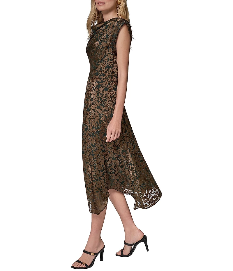 Donna Karan Floral Vine Burnout Print Cowl Neck Cap Sleeve Handkerchief A-Line Dress
