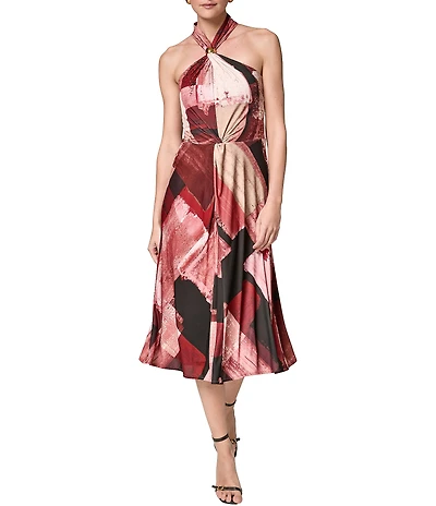 Donna Karan Geometric Jersey Halter Sleeveless A-Line Dress