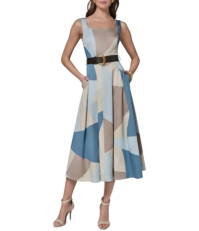 Donna Karan Geometric Print Cotton Sateen Square Neck Sleeveless Belted A-Line Midi Dress