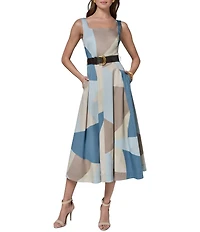 Donna Karan Geometric Print Cotton Sateen Square Neck Sleeveless Belted A-Line Midi Dress