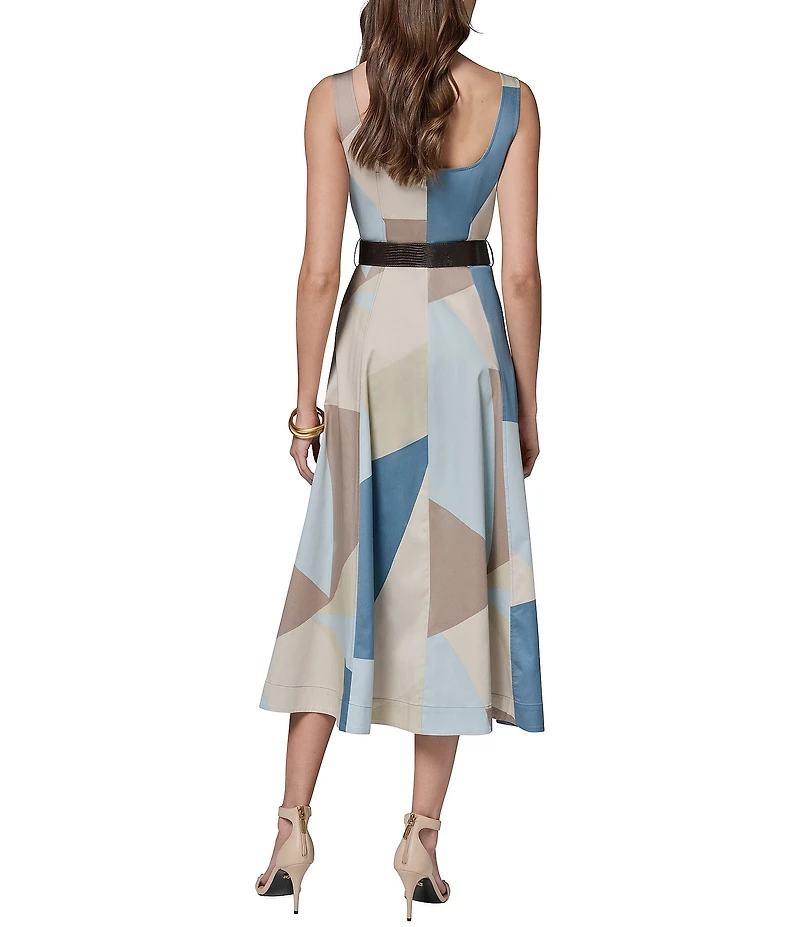 Donna Karan Geometric Print Cotton Sateen Square Neck Sleeveless Belted A-Line Midi Dress