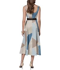 Donna Karan Geometric Print Cotton Sateen Square Neck Sleeveless Belted A-Line Midi Dress