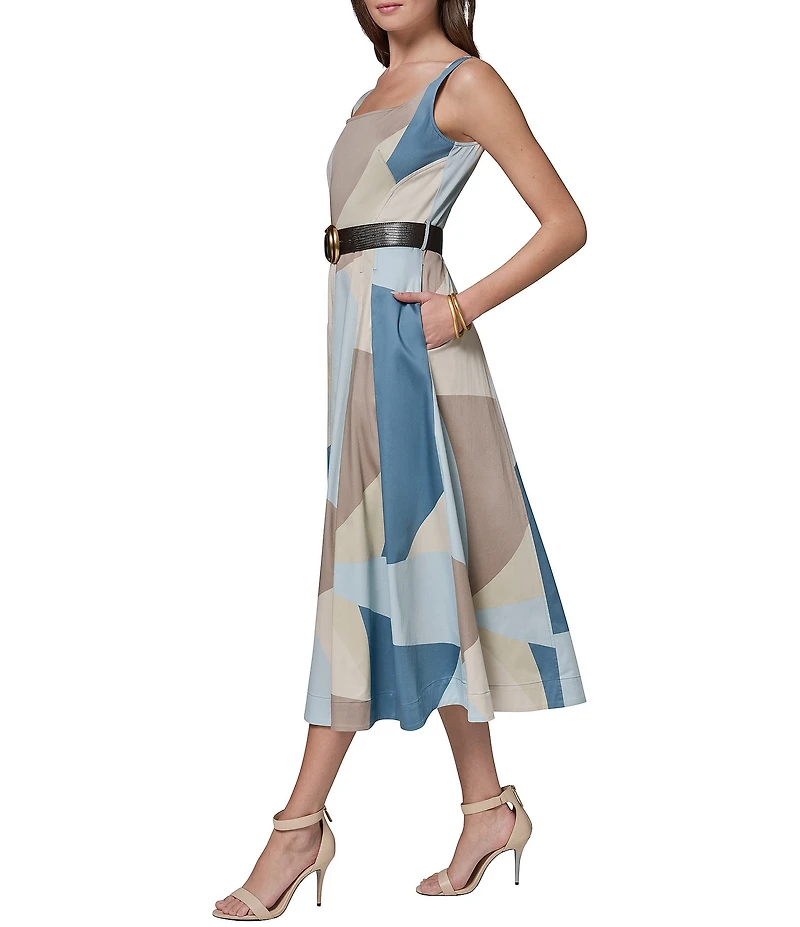 Donna Karan Geometric Print Cotton Sateen Square Neck Sleeveless Belted A-Line Midi Dress