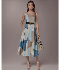 Donna Karan Geometric Print Cotton Sateen Square Neck Sleeveless Belted A-Line Midi Dress