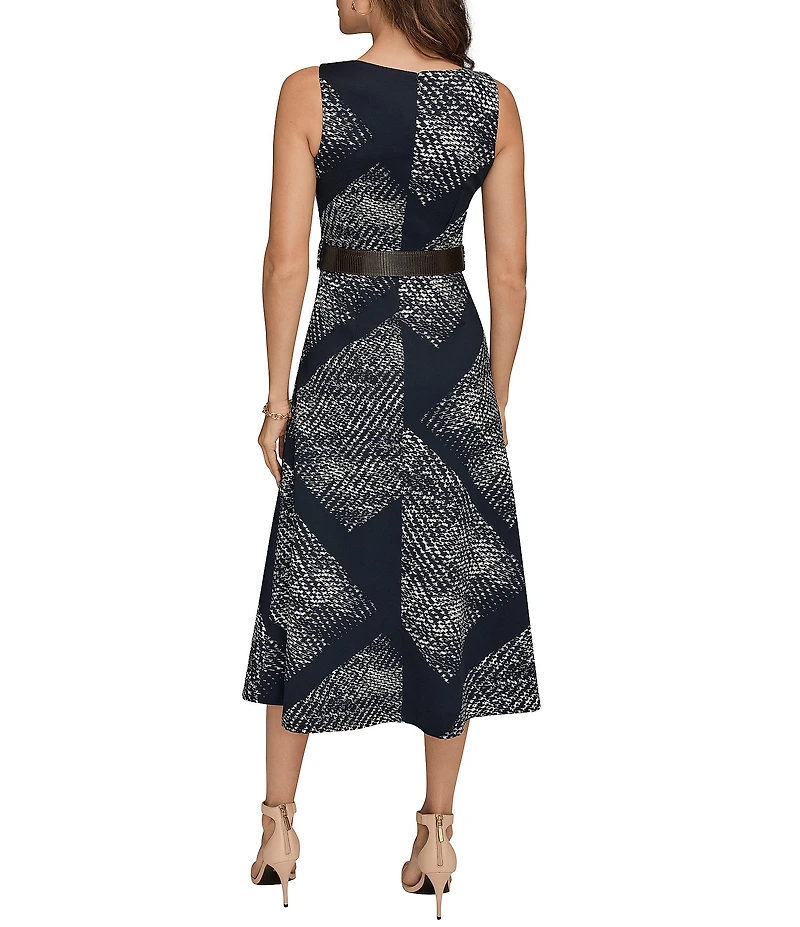 Donna Karan Geometric Scuba Round Neck Sleeveless Belted Midi Dress