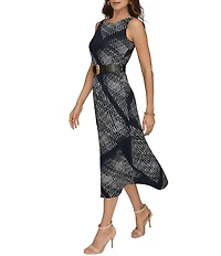 Donna Karan Geometric Scuba Round Neck Sleeveless Belted Midi Dress