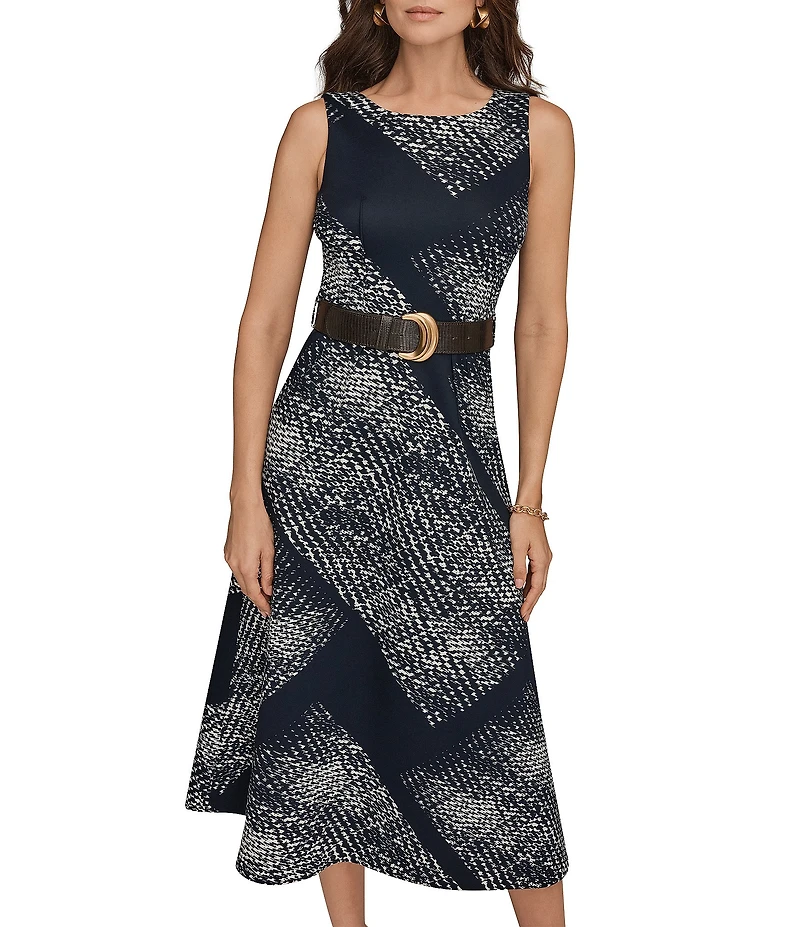 Donna Karan Geometric Scuba Round Neck Sleeveless Belted Midi Dress