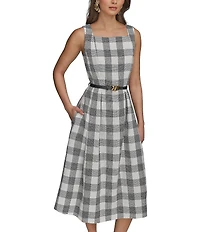 Donna Karan Gingham Tweed Square Neck A-Line Midi Dress
