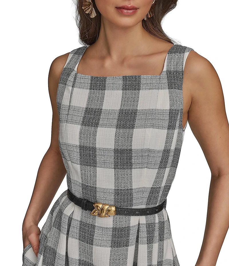 Donna Karan Gingham Tweed Square Neck A-Line Midi Dress