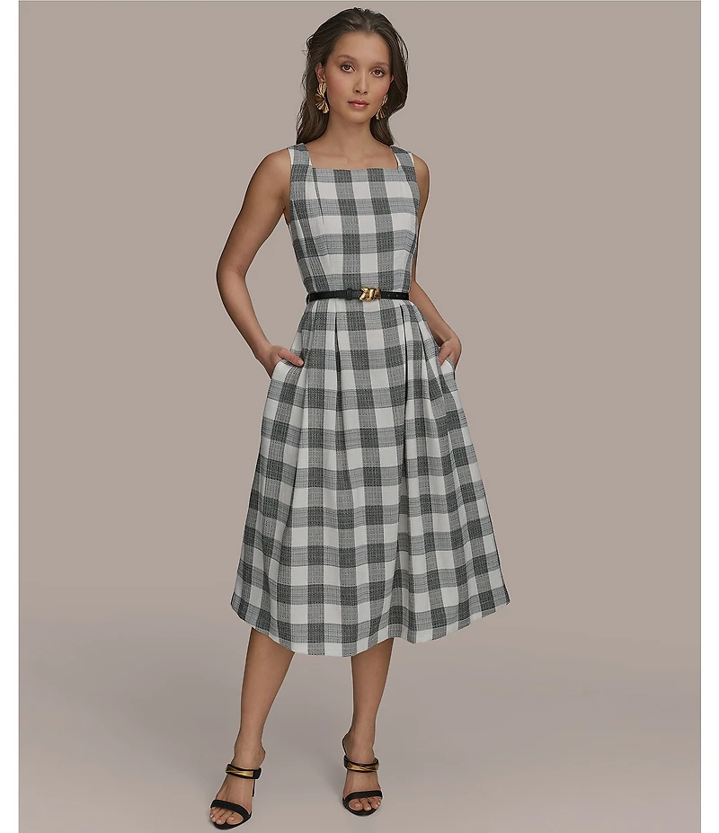 Donna Karan Gingham Tweed Square Neck A-Line Midi Dress