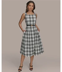 Donna Karan Gingham Tweed Square Neck A-Line Midi Dress