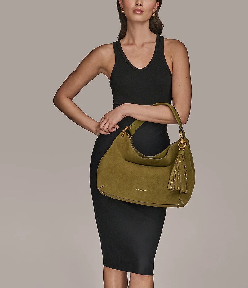 Donna Karan Glenwood Large Suede Fringe Tassle Slouch Hobo Bag