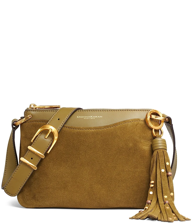 Donna Karan Glenwood Suede Fringe Tassle Crossbody Bag