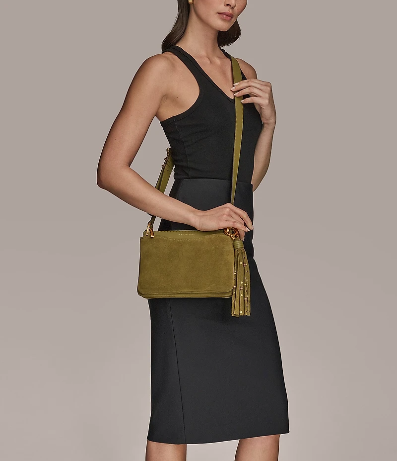 Donna Karan Glenwood Suede Fringe Tassle Crossbody Bag