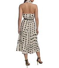 Donna Karan Halter Cowl Neck Dotted Midi Dress