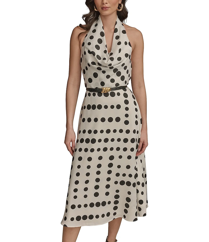 Donna Karan Halter Cowl Neck Dotted Midi Dress