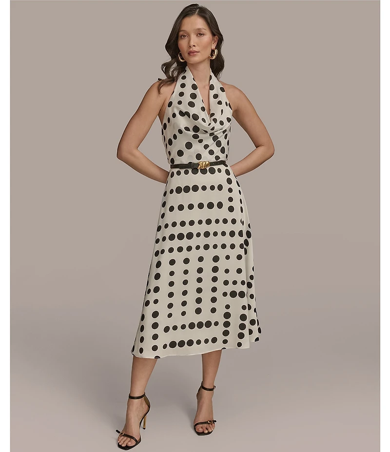 Donna Karan Halter Cowl Neck Dotted Midi Dress