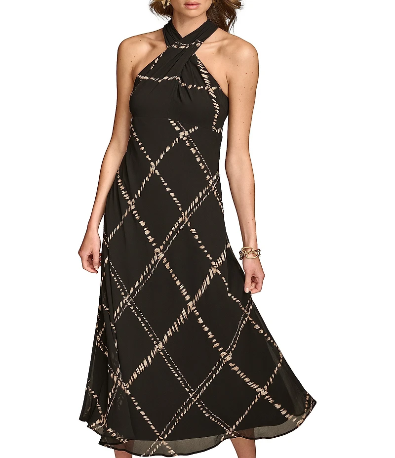 Donna Karan Halter Neck Chiffon Printed Maxi Slip Dress