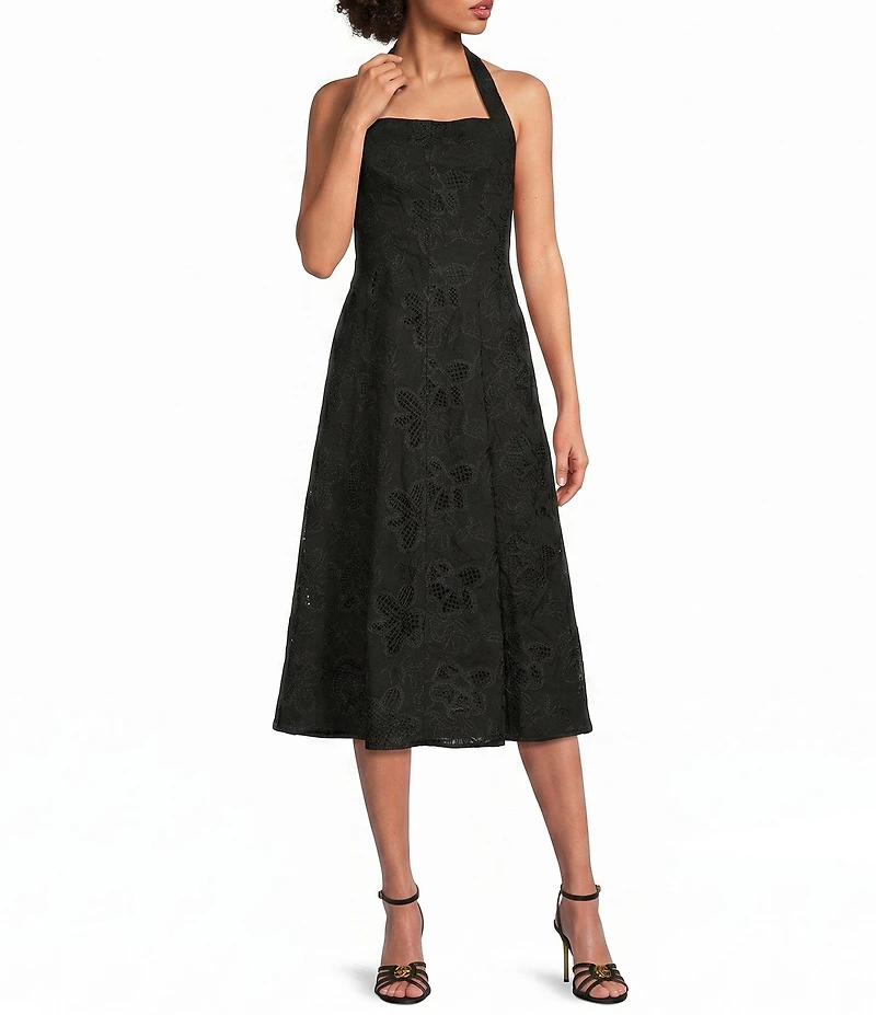 Donna Karan Halter Neck Embroidered Cotton Midi Dress