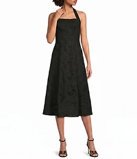 Donna Karan Halter Neck Embroidered Cotton Midi Dress