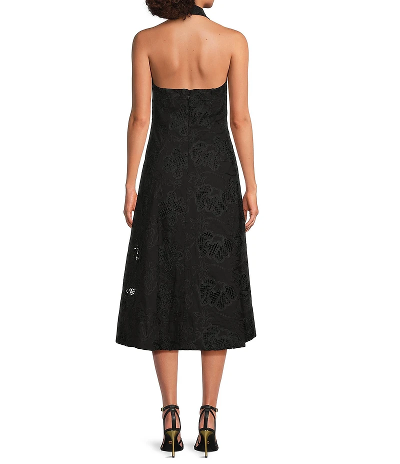 Donna Karan Halter Neck Embroidered Cotton Midi Dress