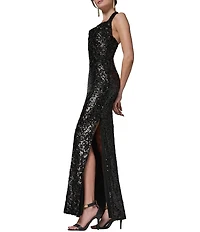 Donna Karan Halter Neck Sequin Mesh Long Dress