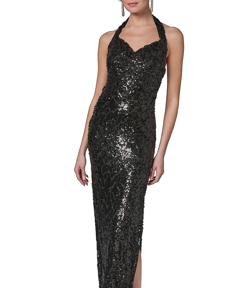 Donna Karan Halter Neck Sequin Mesh Long Dress