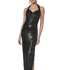 Donna Karan Halter Neck Sequin Mesh Long Dress