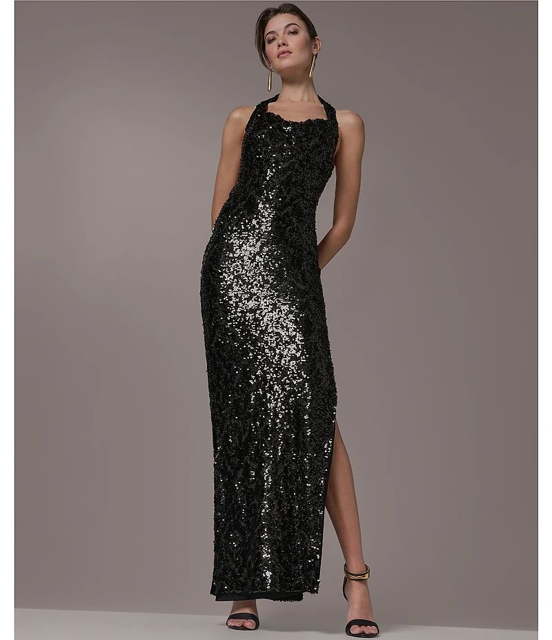 Donna Karan Halter Neck Sequin Mesh Long Dress