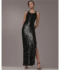 Donna Karan Halter Neck Sequin Mesh Long Dress