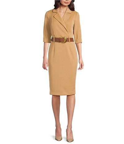 Donna Karan Hammer Scuba Crepe Lapel Collar 3/4 Sleeve Sheath Dress