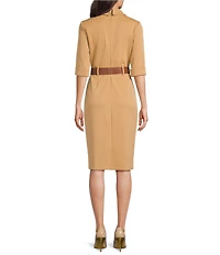 Donna Karan Hammer Scuba Crepe Lapel Collar 3/4 Sleeve Sheath Dress