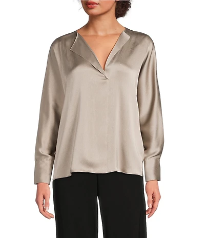 Donna Karan Hammered Satin Draped V-Neck Long Sleeve Blouse