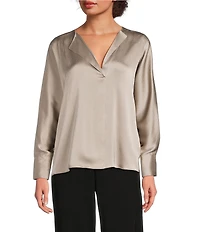 Donna Karan Hammered Satin Draped V-Neck Long Sleeve Blouse
