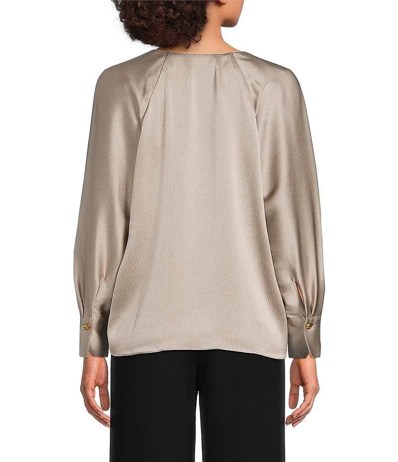 Donna Karan Hammered Satin Draped V-Neck Long Sleeve Blouse