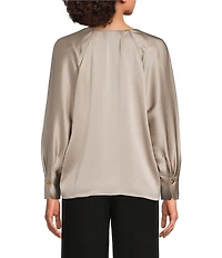 Donna Karan Hammered Satin Draped V-Neck Long Sleeve Blouse