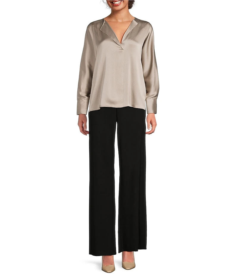 Donna Karan Hammered Satin Draped V-Neck Long Sleeve Blouse