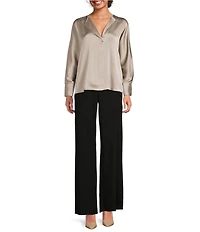 Donna Karan Hammered Satin Draped V-Neck Long Sleeve Blouse