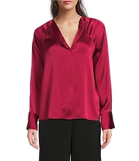 Donna Karan Hammered Satin Draped V-Neck Long Sleeve Blouse