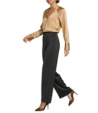 Donna Karan Hammered Satin Draped V-Neck Long Sleeve Blouse