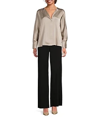 Donna Karan Hammered Satin V-Neck Long Sleeve Blouse
